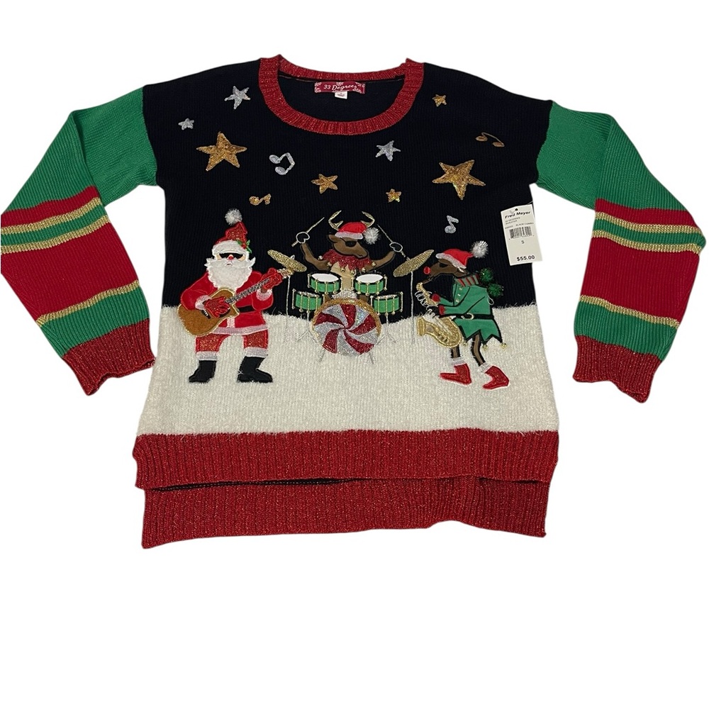 33 Degrees Holiday Crewneck Sweater -‎ Black, Red & Green size small NWT